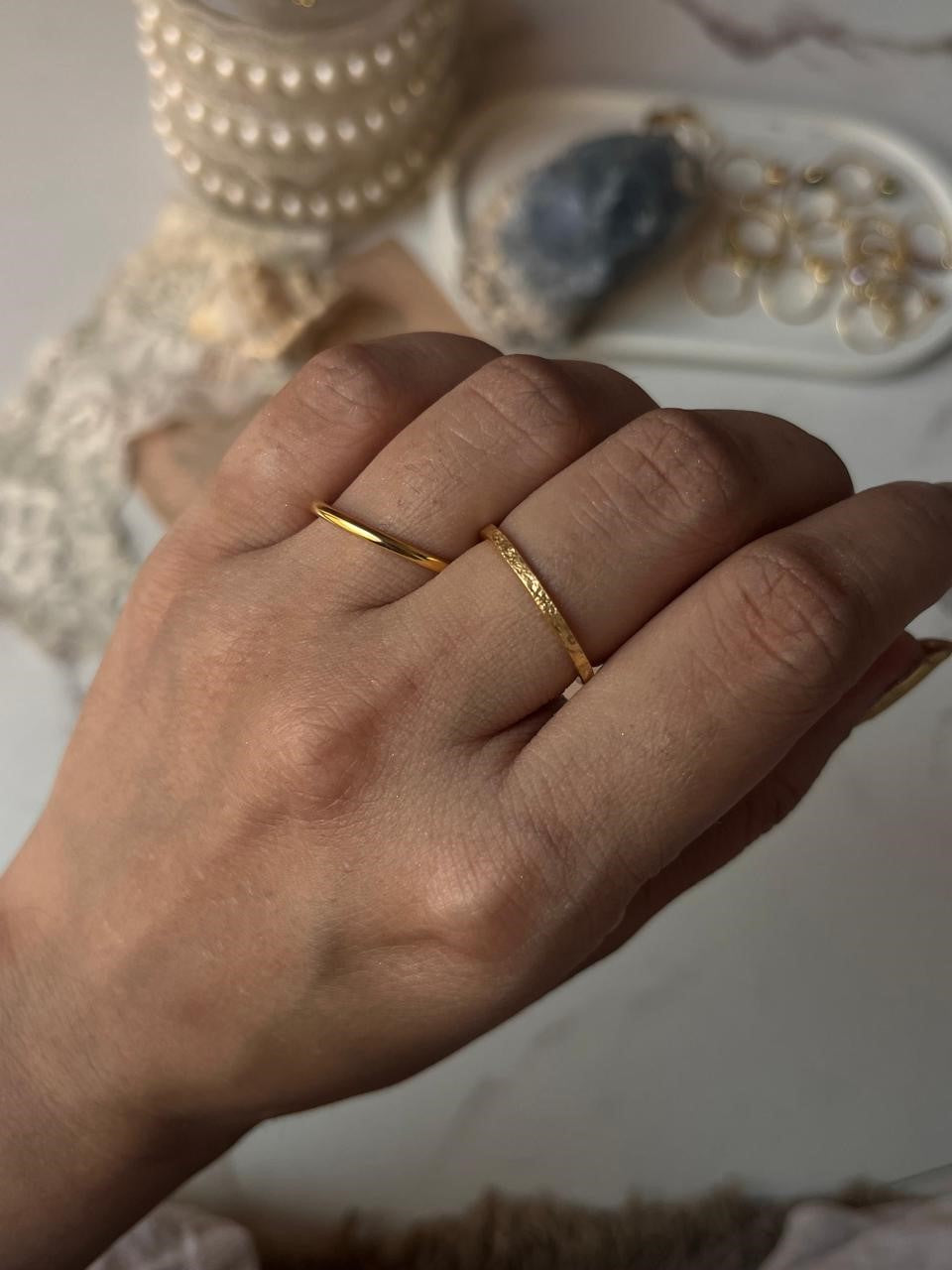 Gold Vermeil Textured & Plain Round Band Stack Set 925 Sterling Silver Ring