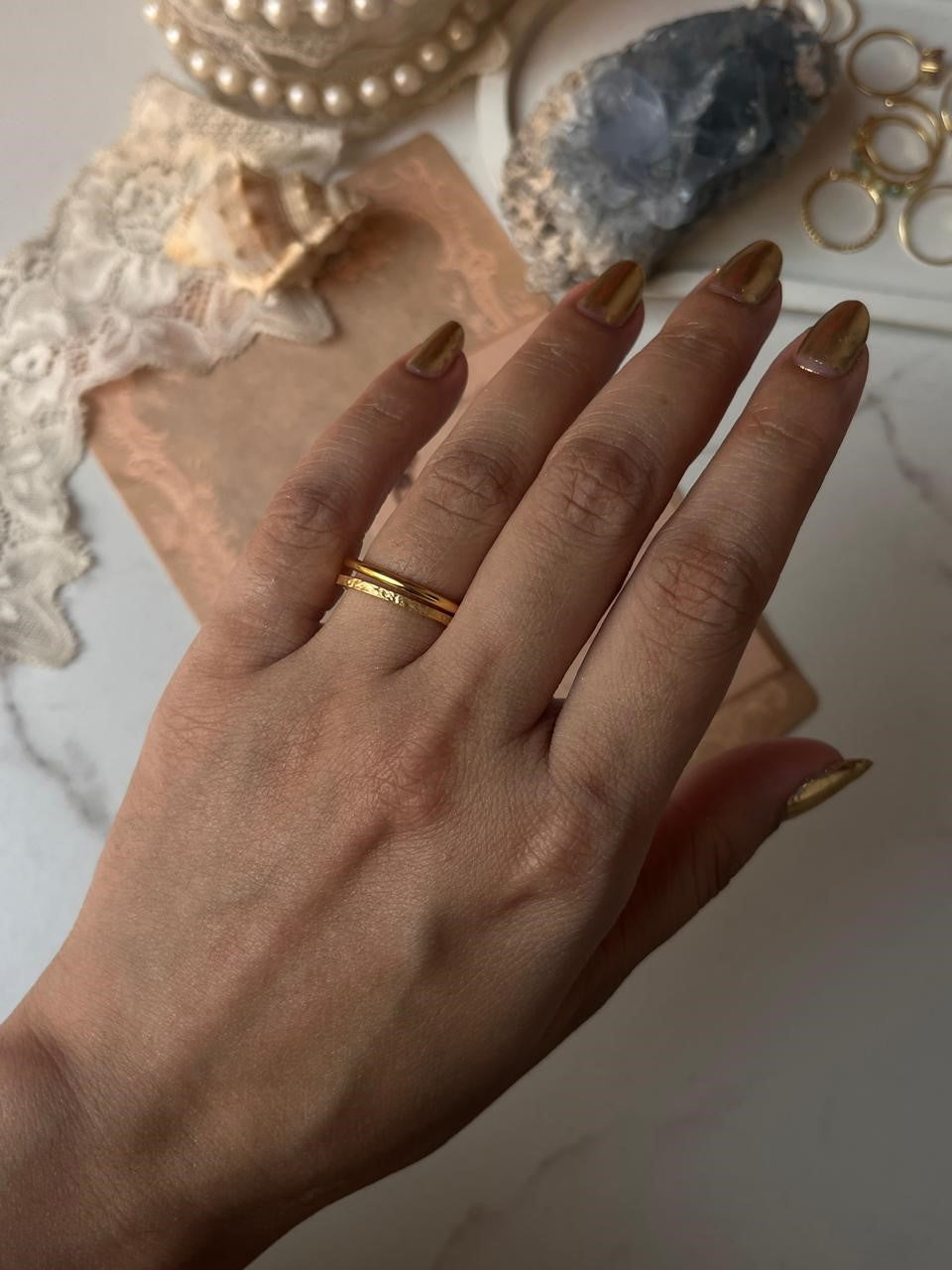 Gold Vermeil Textured & Plain Round Band Stack Set 925 Sterling Silver Ring