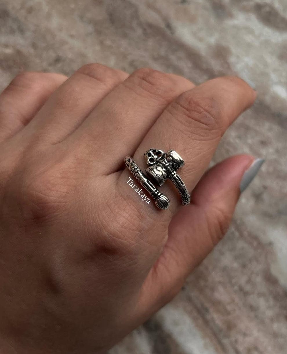 Damru Trishul Adjustable 925 Sterling Silver Ring