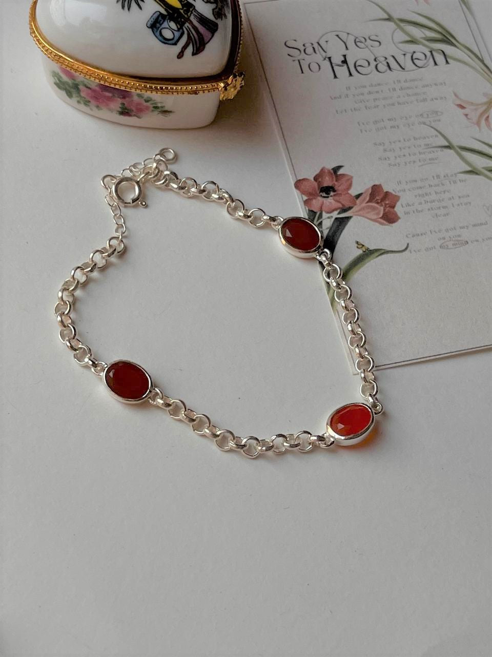 Carnelian 3 Stone 925 Sterling Silver Bracelet