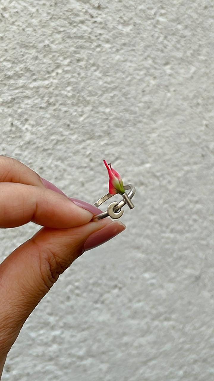 Crescent moon and flower design silver ring