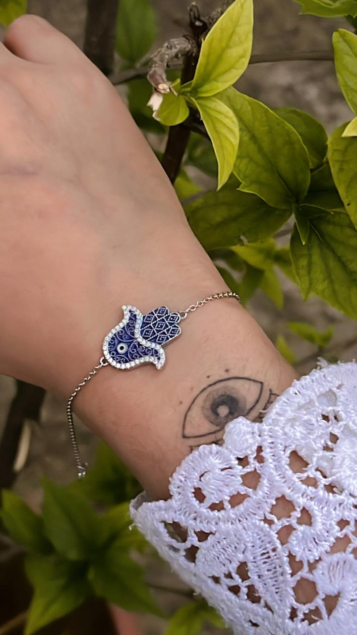Hamsa Evil Eye Cz 925 Sterling Silver Bracelet