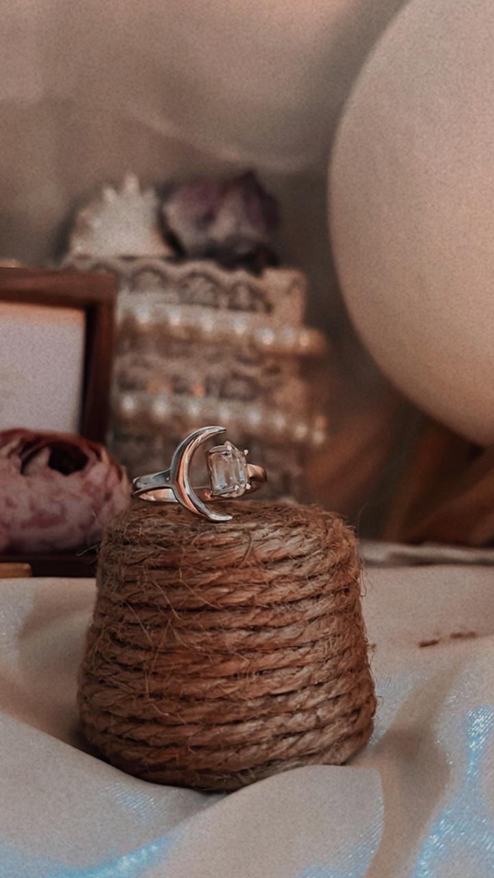 Clear Quartz Raw Uncut Crescent Moon Adjustable 925 Sterling Silver Ring