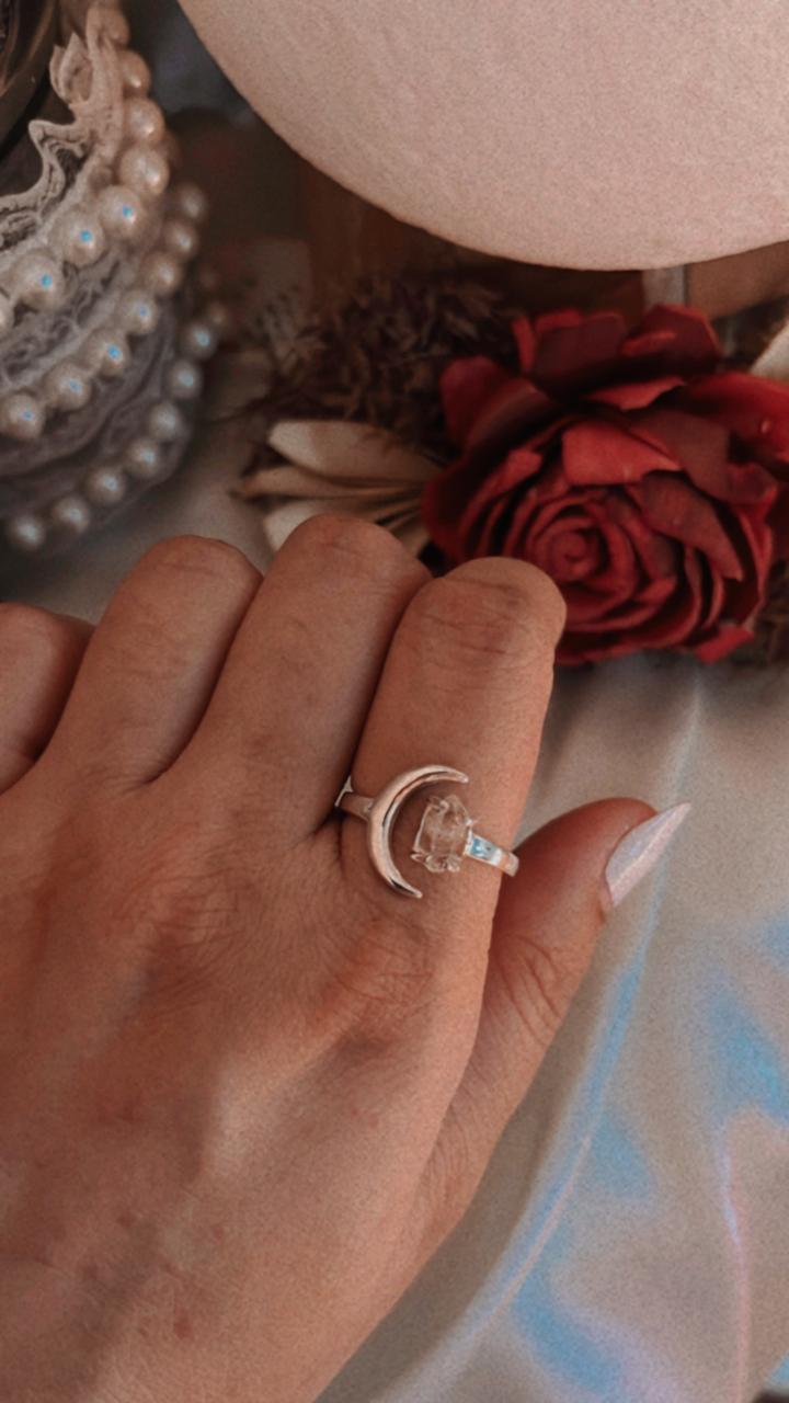 Clear Quartz Raw Uncut Crescent Moon Adjustable 925 Sterling Silver Ring