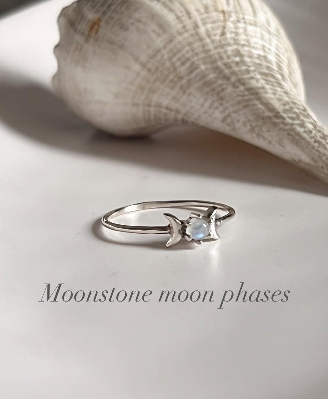 Minimal Dainty Moonstone Moon Phases 925 Sterling Silver Ring