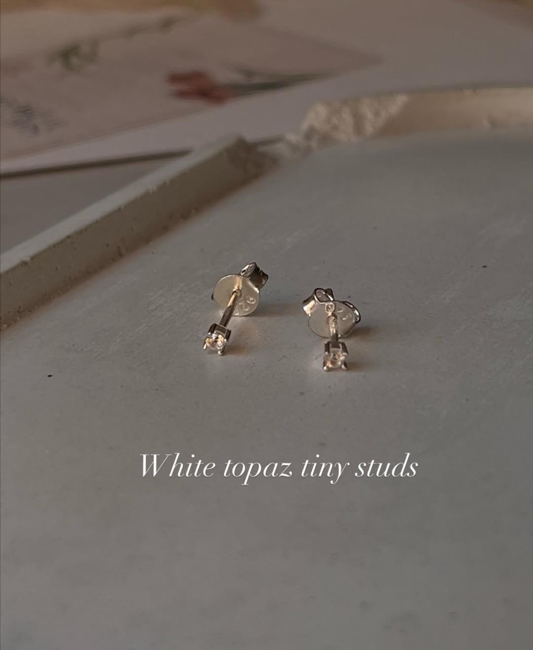 White Topaz Minimal Tiny Studs 925 Sterling Silver Earrings