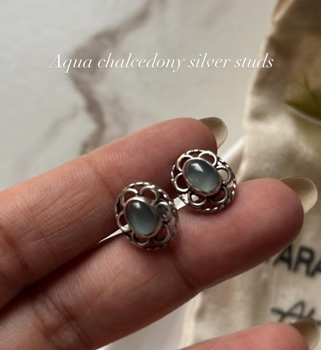 Aqua Chalcedony Oval Flower Studs 925 Sterling Silver Earrings