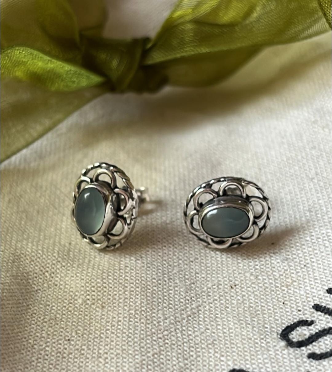 Aqua Chalcedony Oval Flower Studs 925 Sterling Silver Earrings