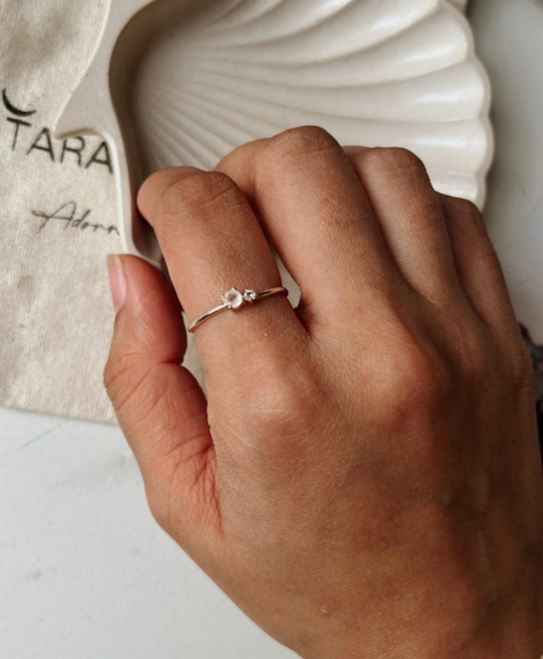 Minimal Dainty Double Stone Moonstone Faceted 925 Sterling Silver Ring