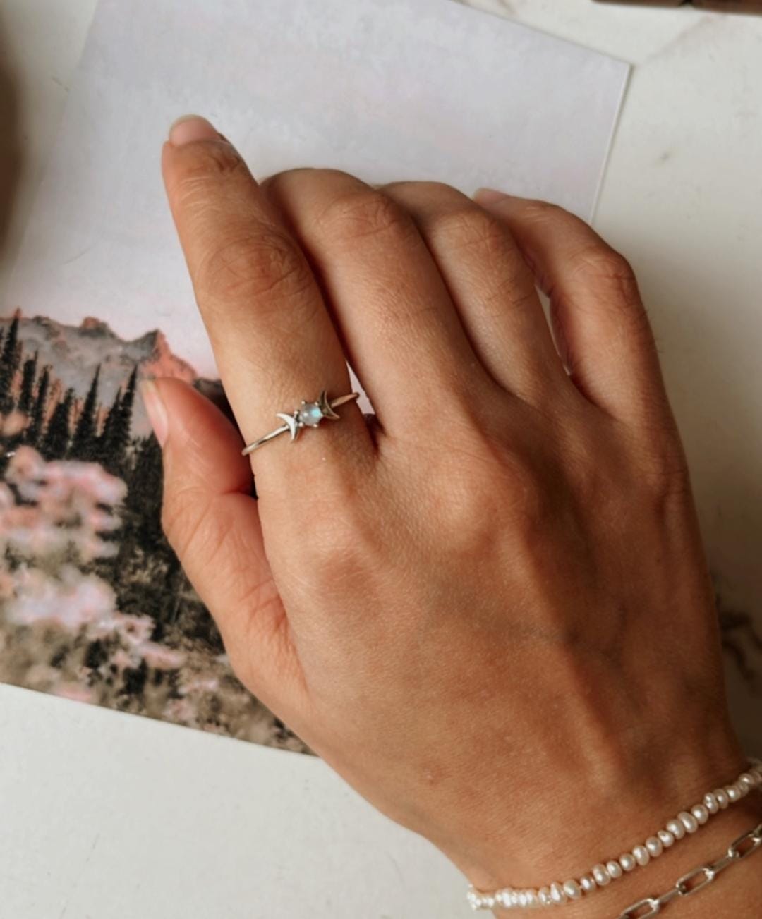 Minimal Dainty Moonstone Moon Phases 925 Sterling Silver Ring
