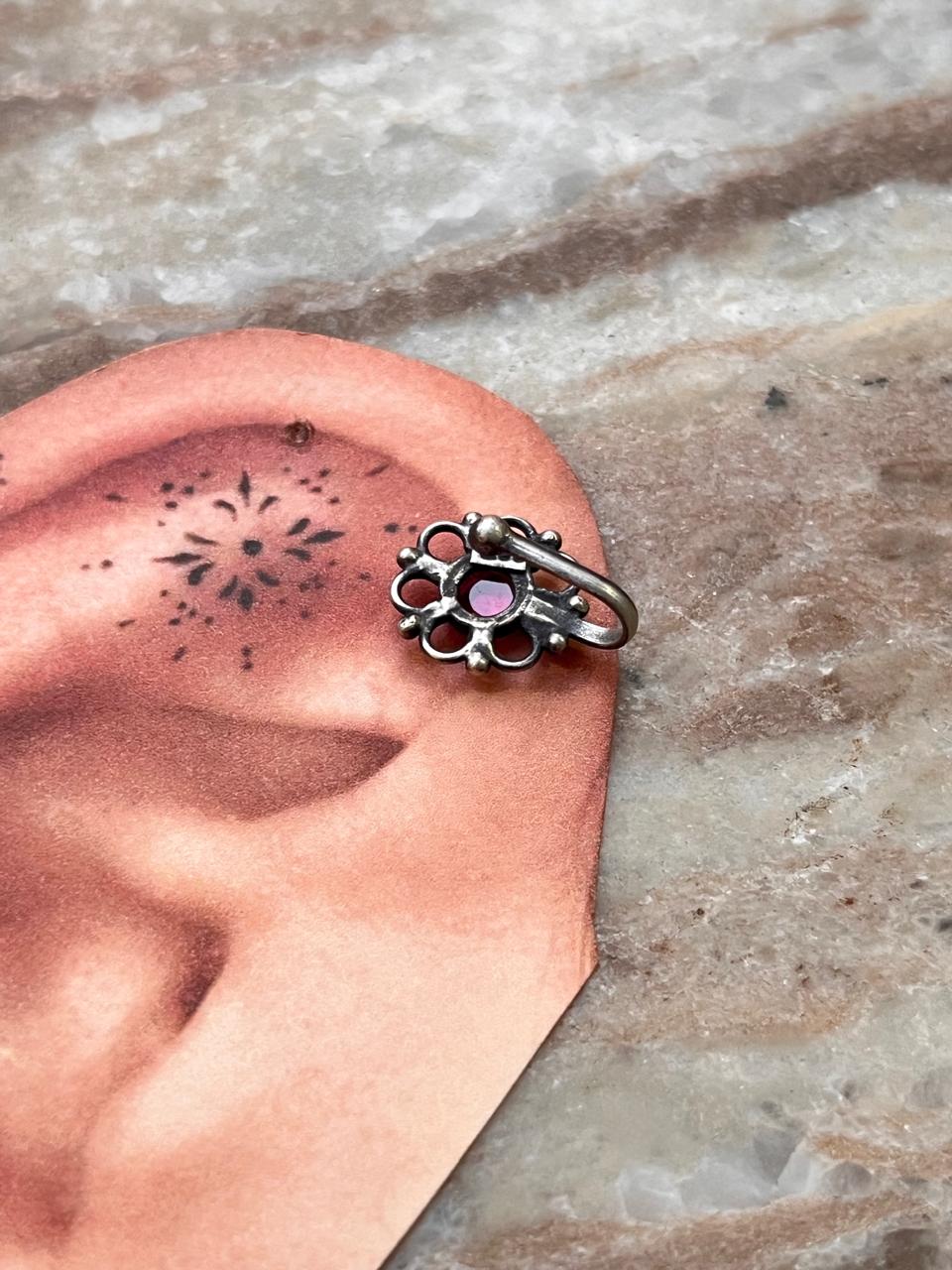 Bugadi Pink Stone Clip On Handcrafted Sterling Silver 925 Helix Ear Cuffs