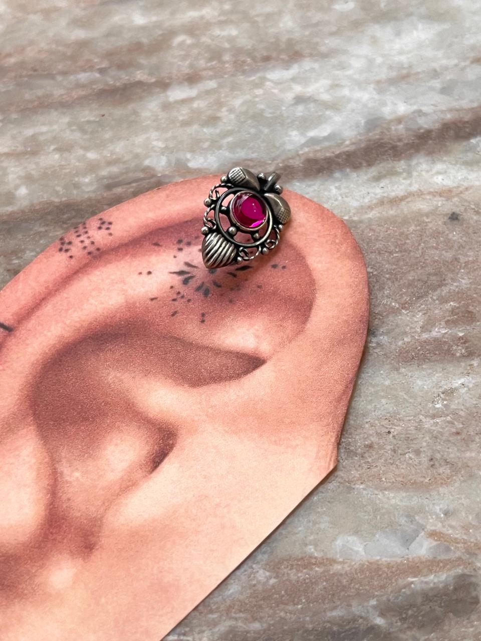 Bugadi Pink Stone Clip On Handcrafted Sterling Silver 925 Helix Ear Cuffs
