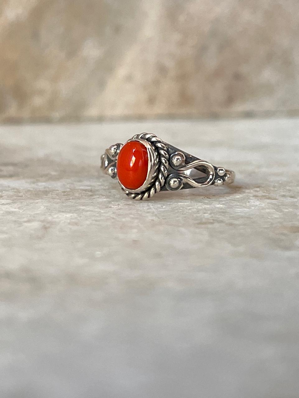 Natural Coral Boho Oval 925 Sterling Silver Ring