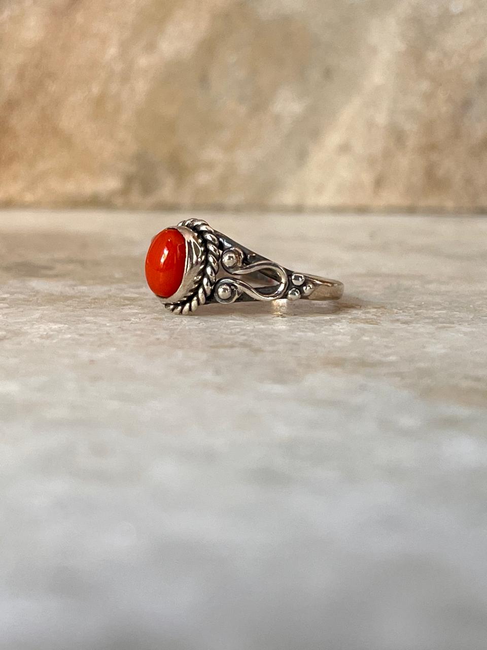 Natural Coral Boho Oval 925 Sterling Silver Ring
