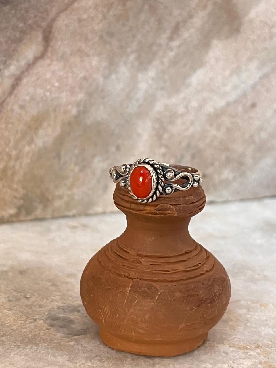 Natural Coral Boho Oval 925 Sterling Silver Ring