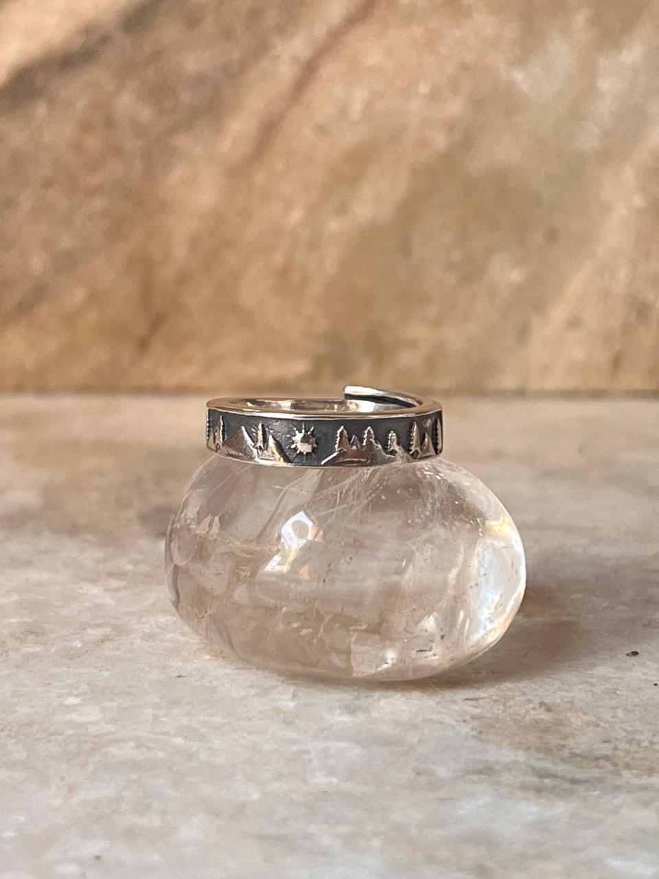 Mountains- Pine trees - Sun Adjustable 925 Sterling Silver Ring