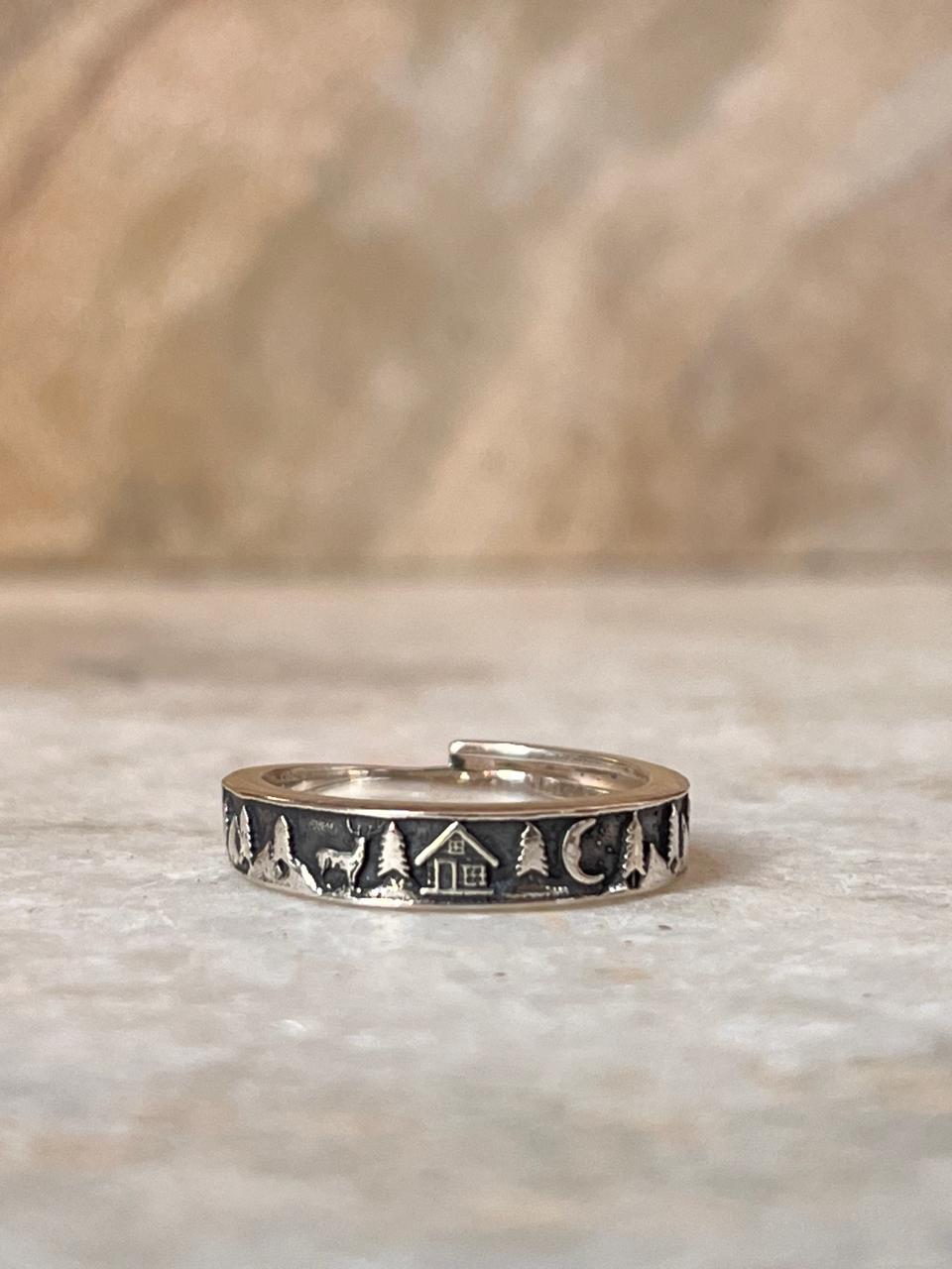 Forest -Reindeer- Moon-Cottage Adjustable 925 Sterling Silver Ring