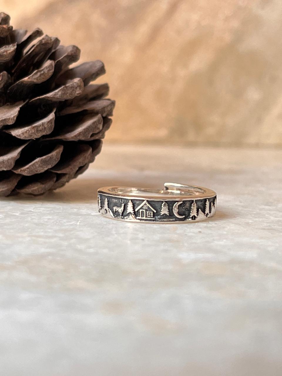 Forest -Reindeer- Moon-Cottage Adjustable 925 Sterling Silver Ring
