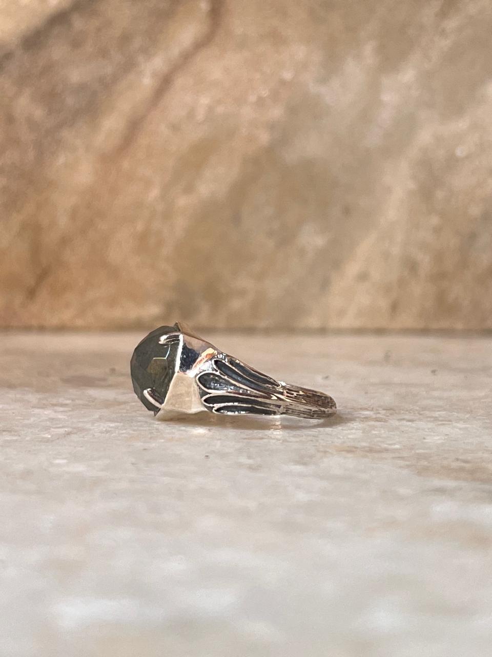 Labradorite Vintage Goth Style Checker Board Cut 925 Sterling Silver Ring