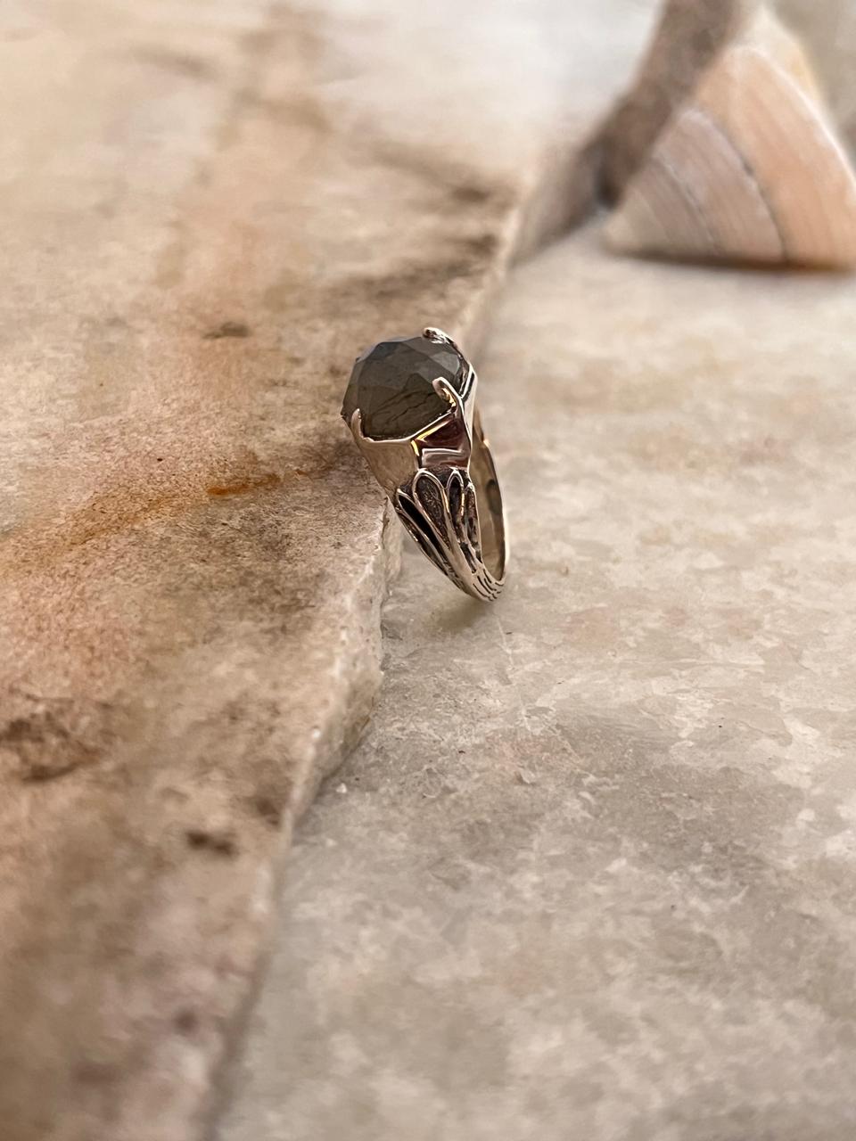 Labradorite Vintage Goth Style Checker Board Cut 925 Sterling Silver Ring