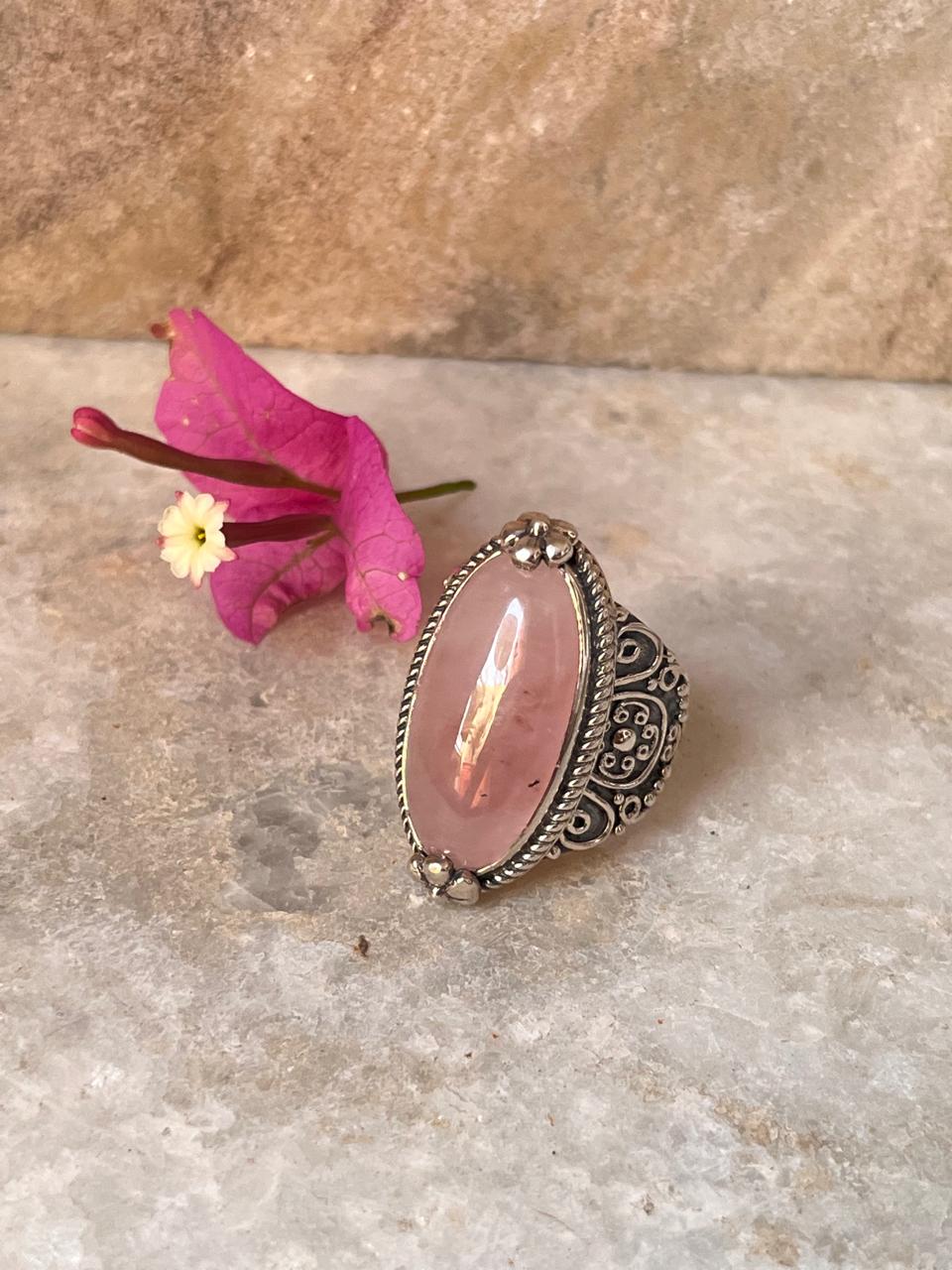Rose Quartz Boho Oval Statement 925 Sterling Silver Ring