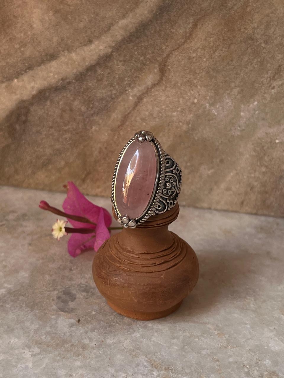 Rose Quartz Boho Oval Statement 925 Sterling Silver Ring
