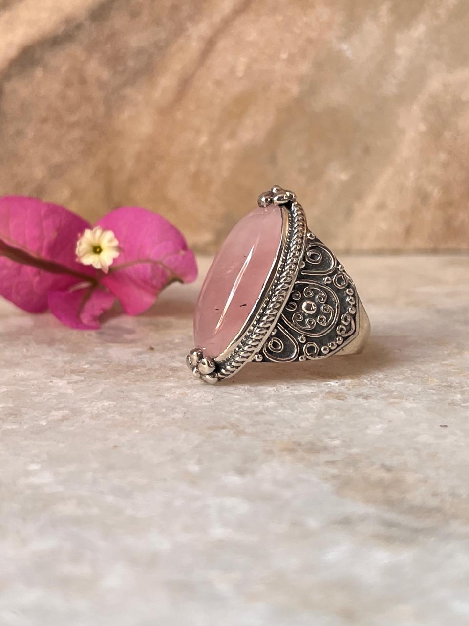 Rose Quartz Boho Oval Statement 925 Sterling Silver Ring