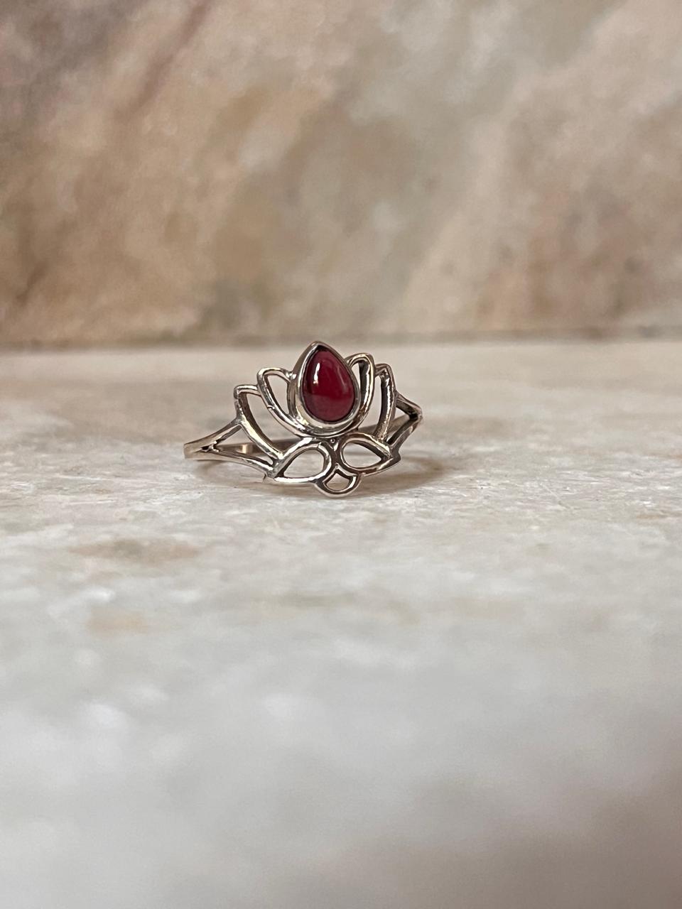 Garnet Divine Lotus 925 Sterling Silver Ring