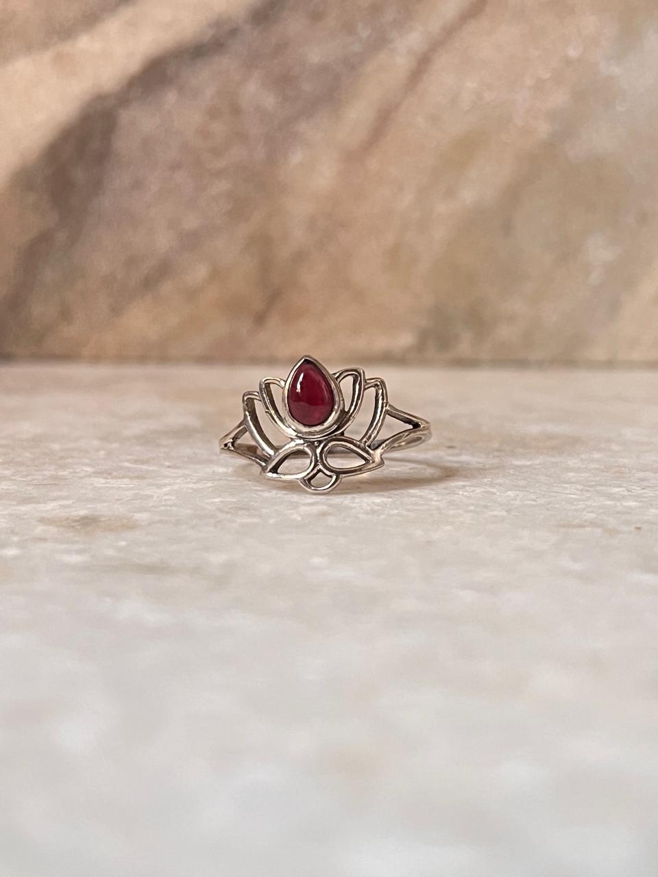Garnet Divine Lotus 925 Sterling Silver Ring