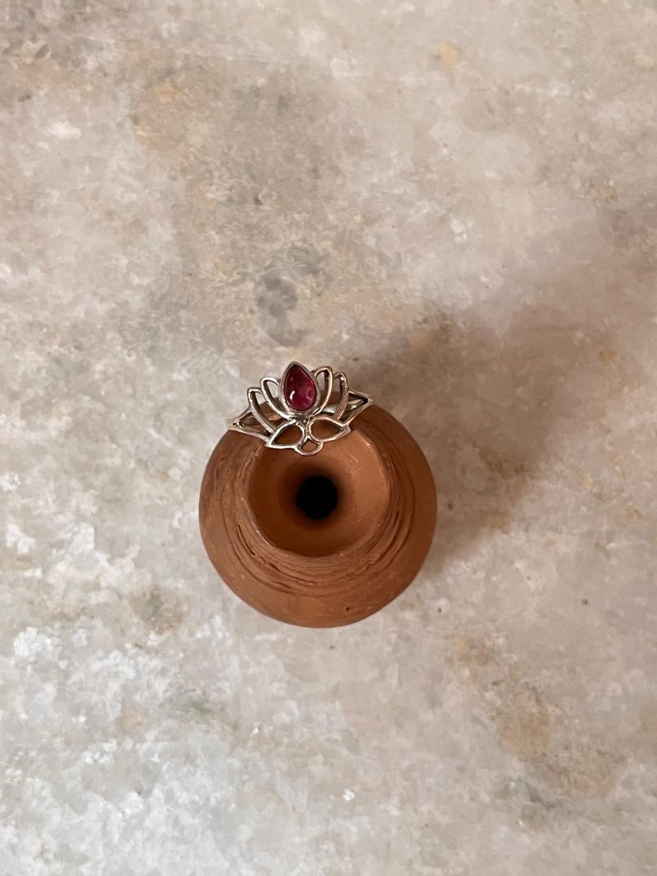 Garnet Divine Lotus 925 Sterling Silver Ring