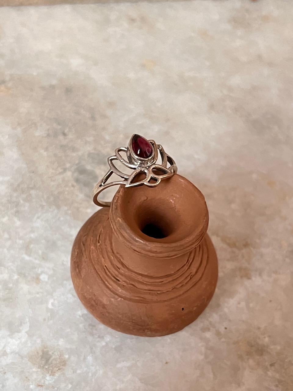 Garnet Divine Lotus 925 Sterling Silver Ring
