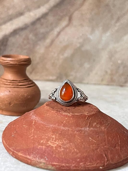 Carnelian Pear Boho 925 Sterling Silver Ring
