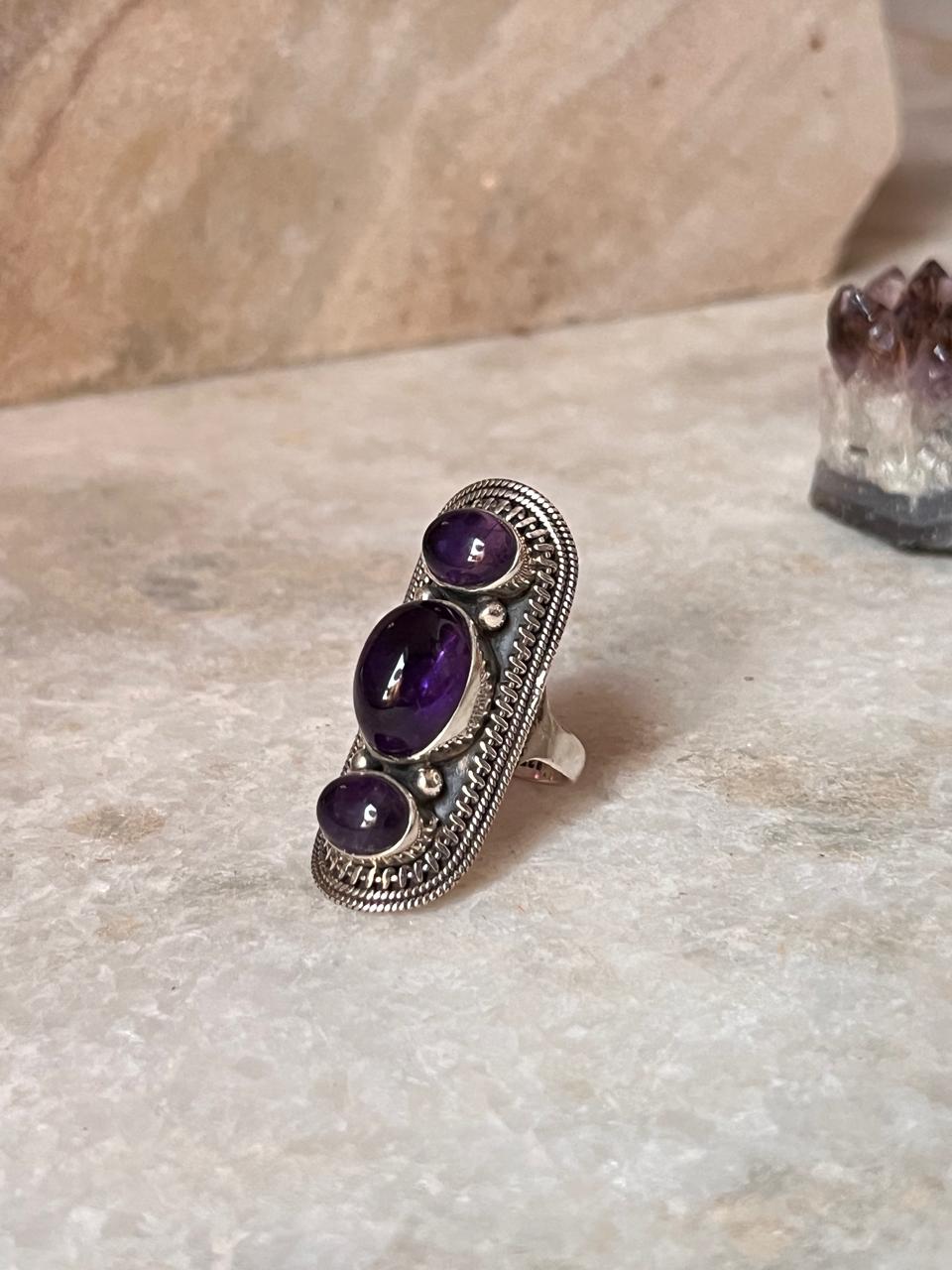 Amethyst Big Boho Handcrafted Statement 925 Sterling Silver Ring