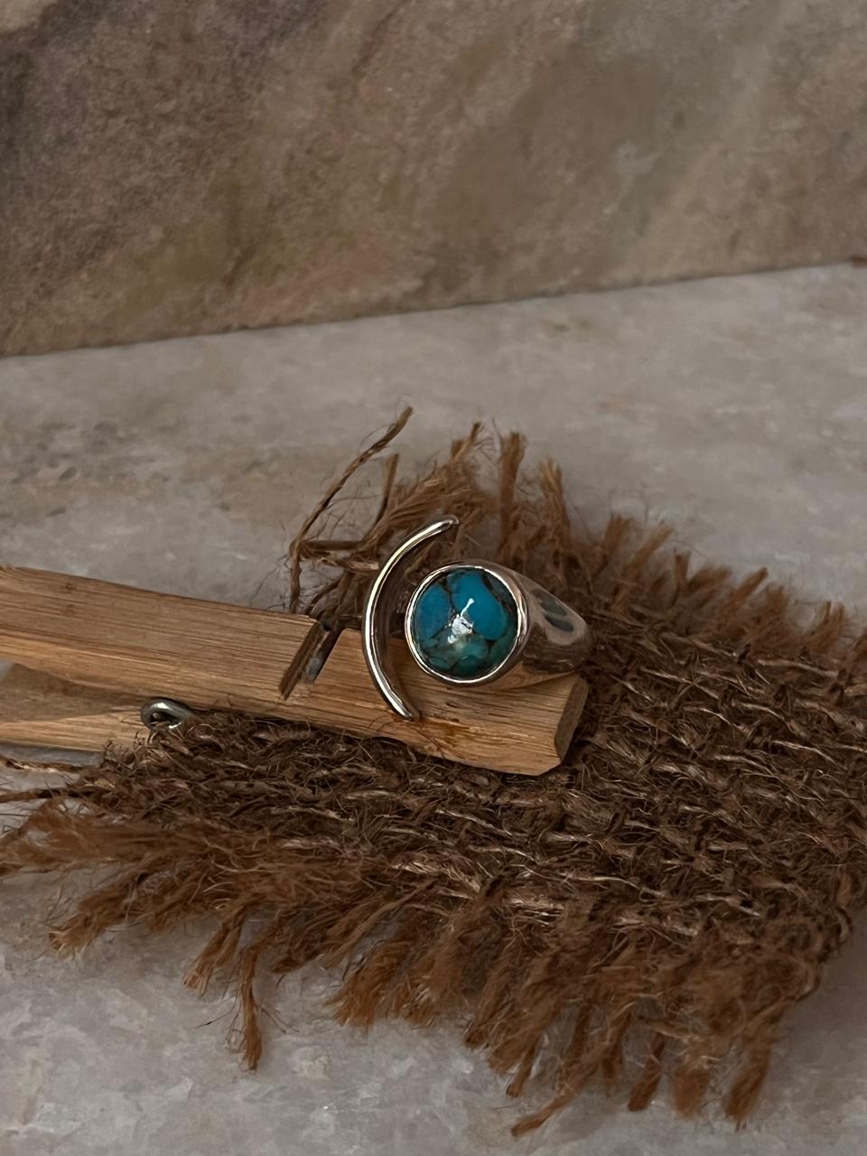 Copper Turquoise Moon Adjustable 925 Sterling Silver Ring