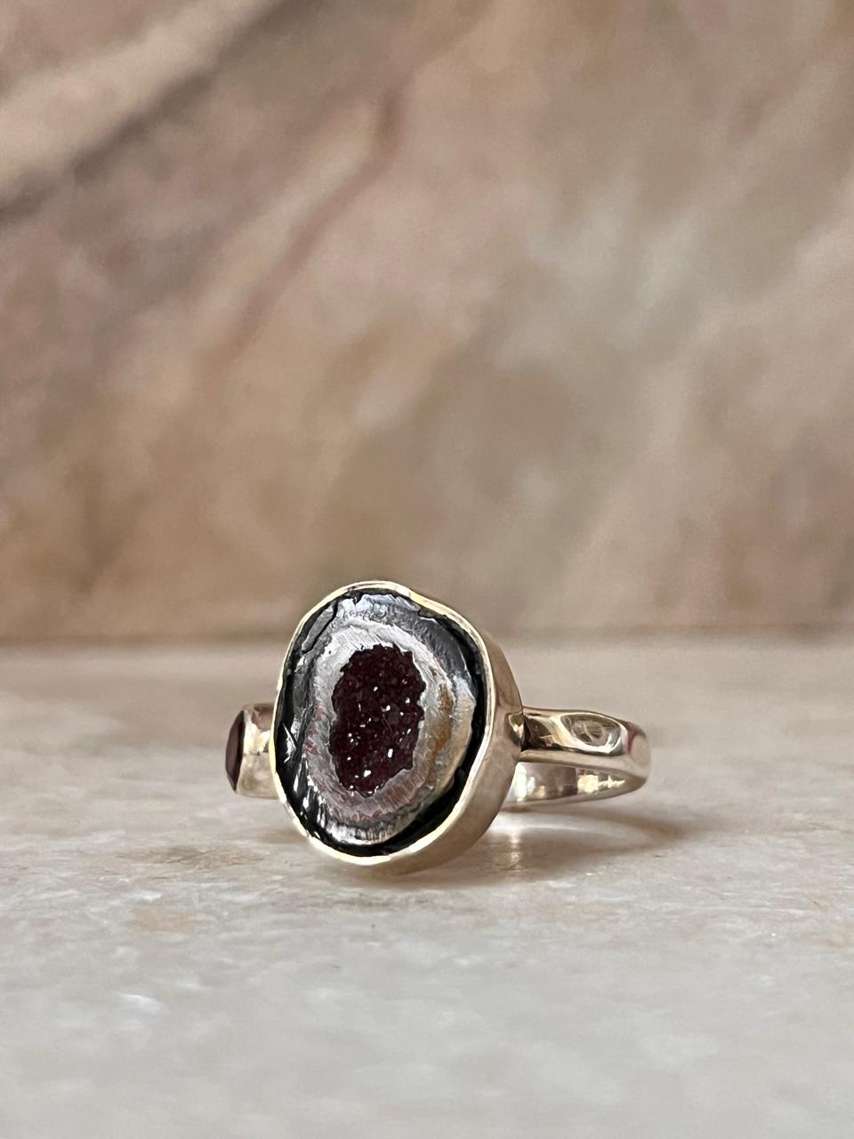 Red Coconut Druzy Geode With Garnet Sterling Silver 925 Ring
