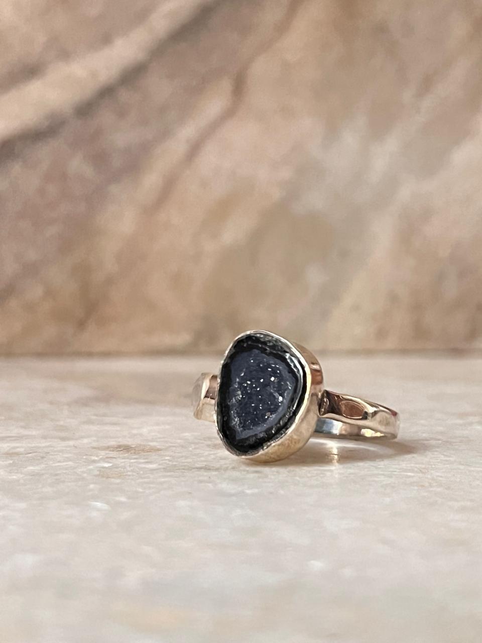 Blue Coconut Druzy Geode With Moonstone Sterling Silver 925 Ring