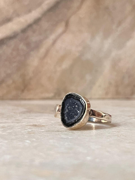 Blue Coconut Druzy Geode With Moonstone Sterling Silver 925 Ring