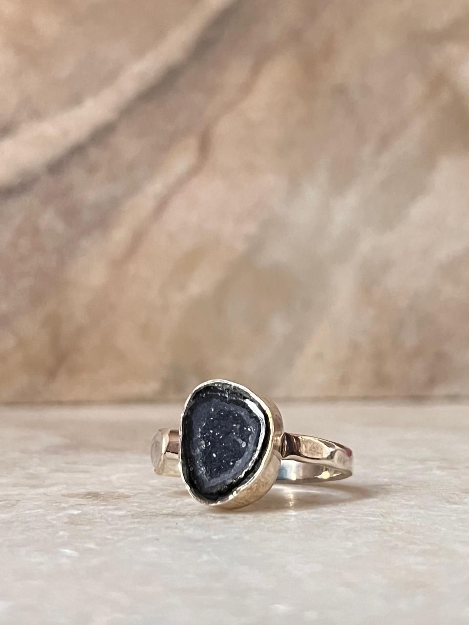 Blue Coconut Druzy Geode With Moonstone Sterling Silver 925 Ring