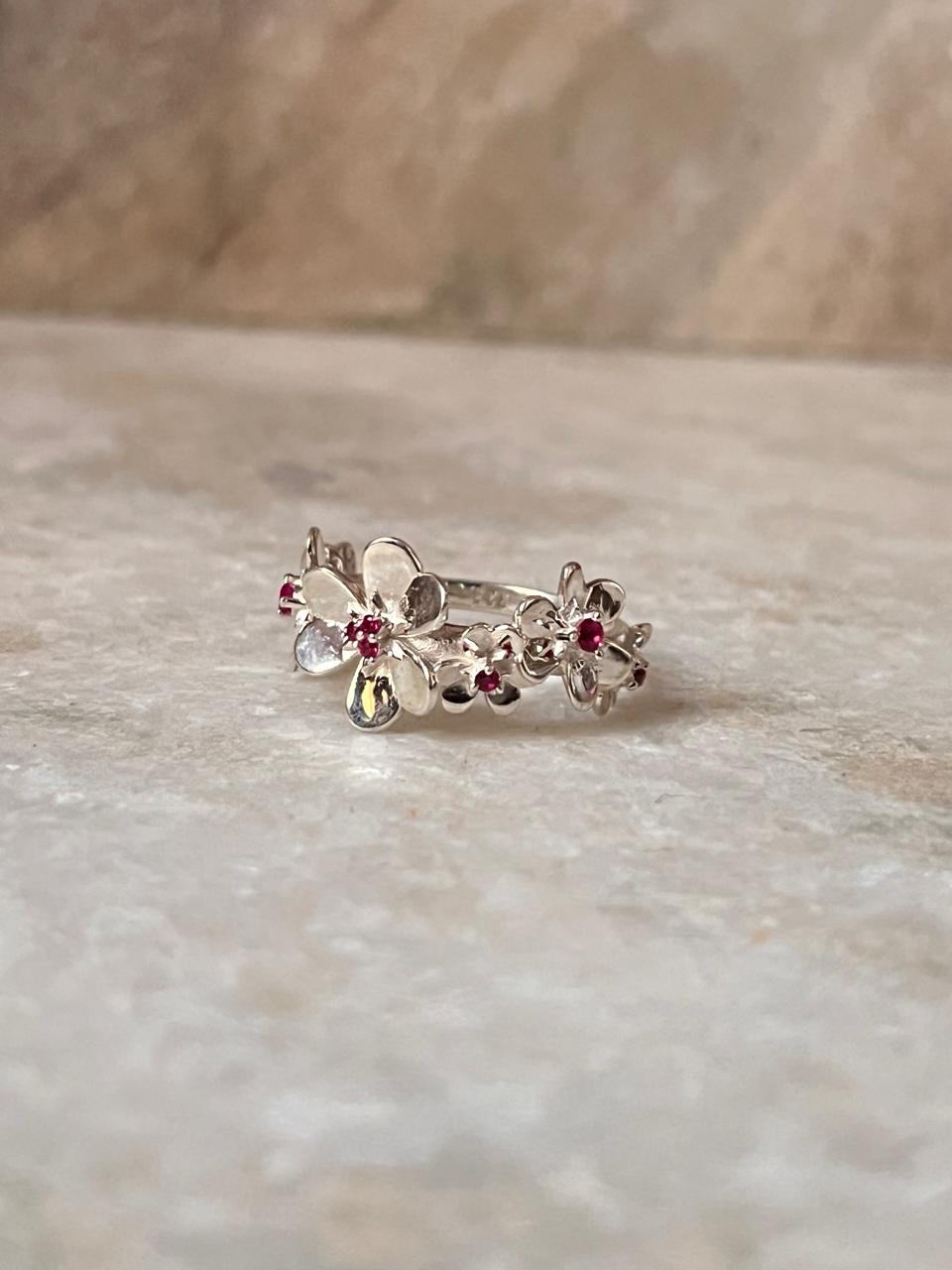 Ruby Lab Grown flowers Bouquet Adjustable Statement 925 Sterling Silver Ring