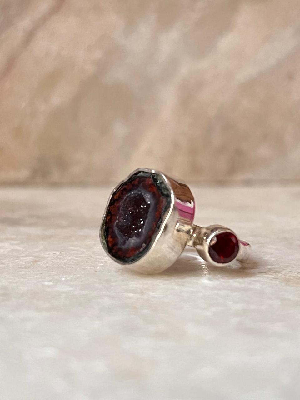 Red Coconut Druzy Geode with Garnet Sterling Silver 925 Ring