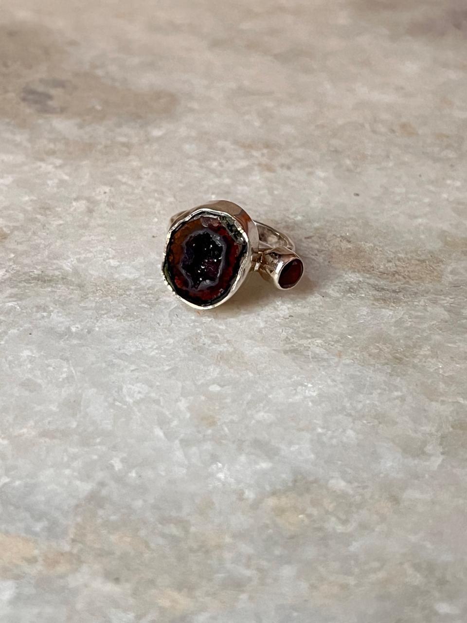 Red Coconut Druzy Geode with Garnet Sterling Silver 925 Ring