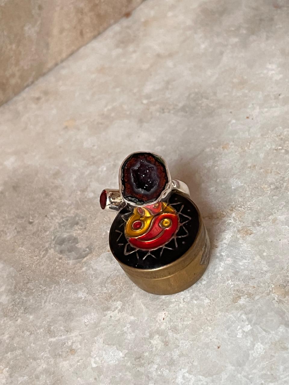 Red Coconut Druzy Geode with Garnet Sterling Silver 925 Ring