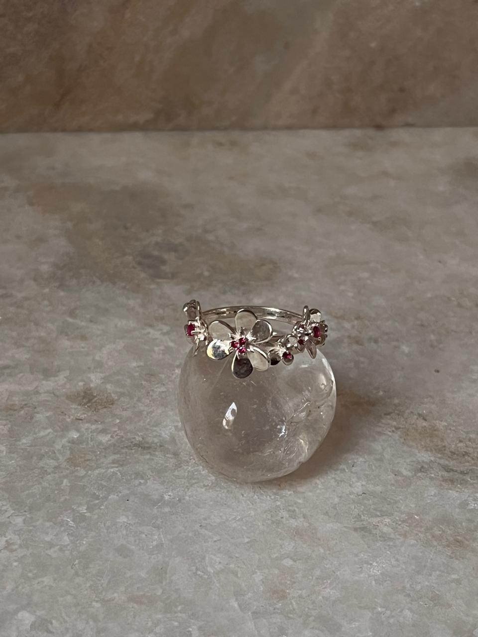Ruby Lab Grown flowers Bouquet Adjustable Statement 925 Sterling Silver Ring