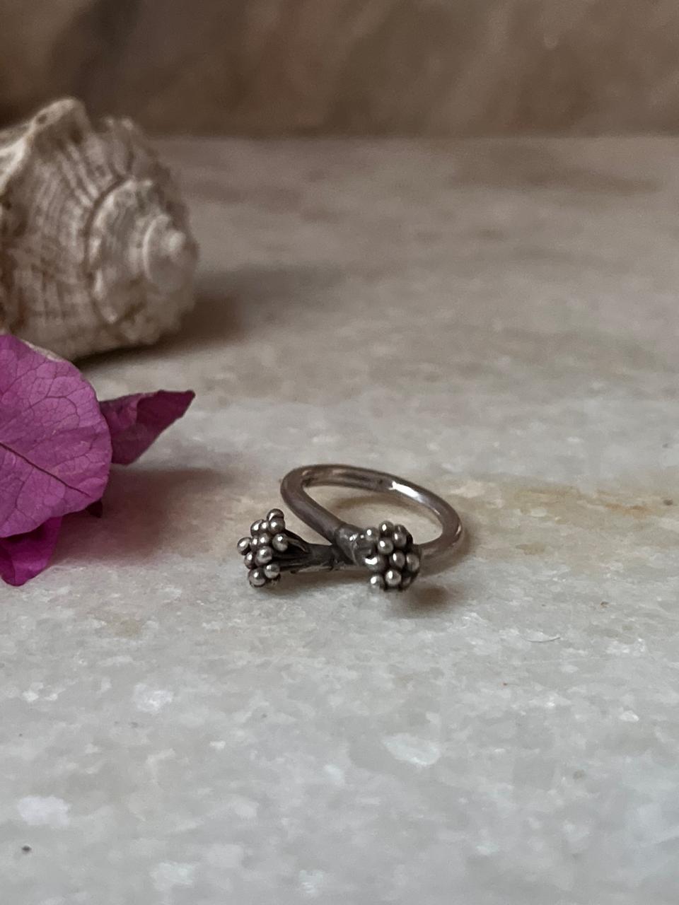 Bohemian Imported Handcrafted Flower Bunch Adjustable 925 Sterling Silver Ring