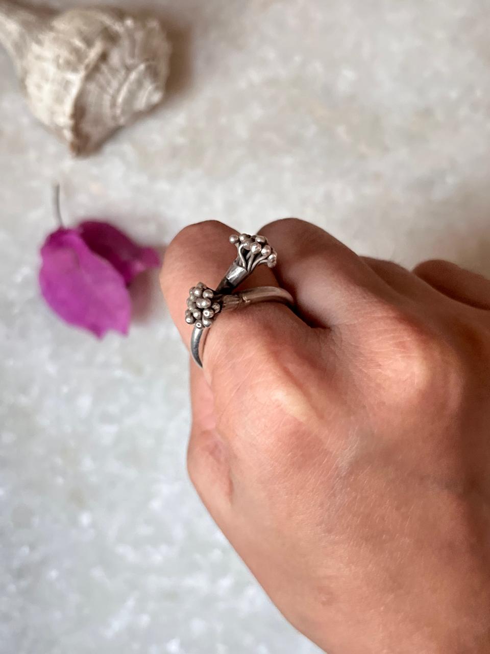 Bohemian Imported Handcrafted Flower Bunch Adjustable 925 Sterling Silver Ring