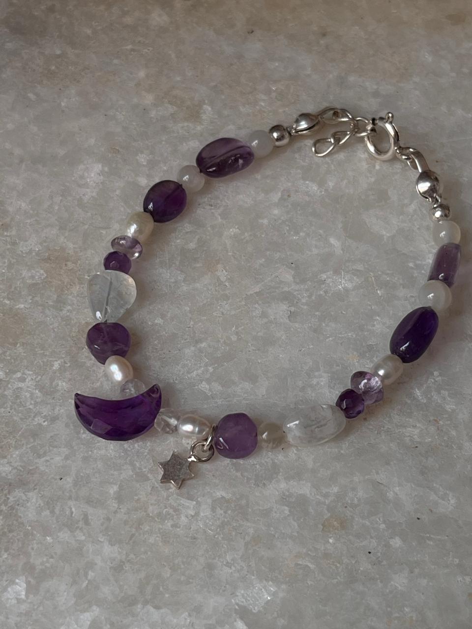 Lunar Radiance - Amethyst Moon & Star Charm Handcrafted Silver 925 Sterling Bracelet