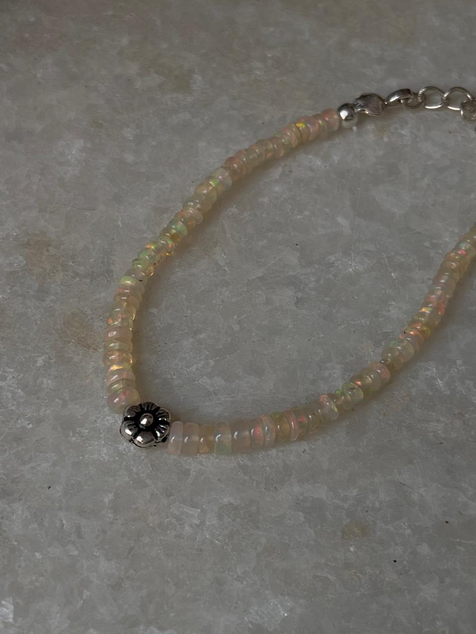 Natural Ethiopian Opal with Floral Charm Handcrafted 925 Sterling Silver Bracelet