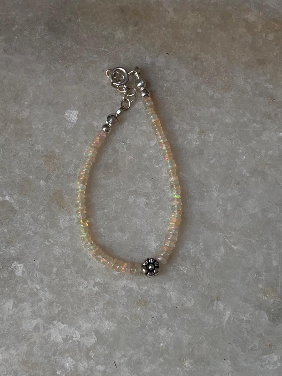 Natural Ethiopian Opal with Floral Charm Handcrafted 925 Sterling Silver Bracelet