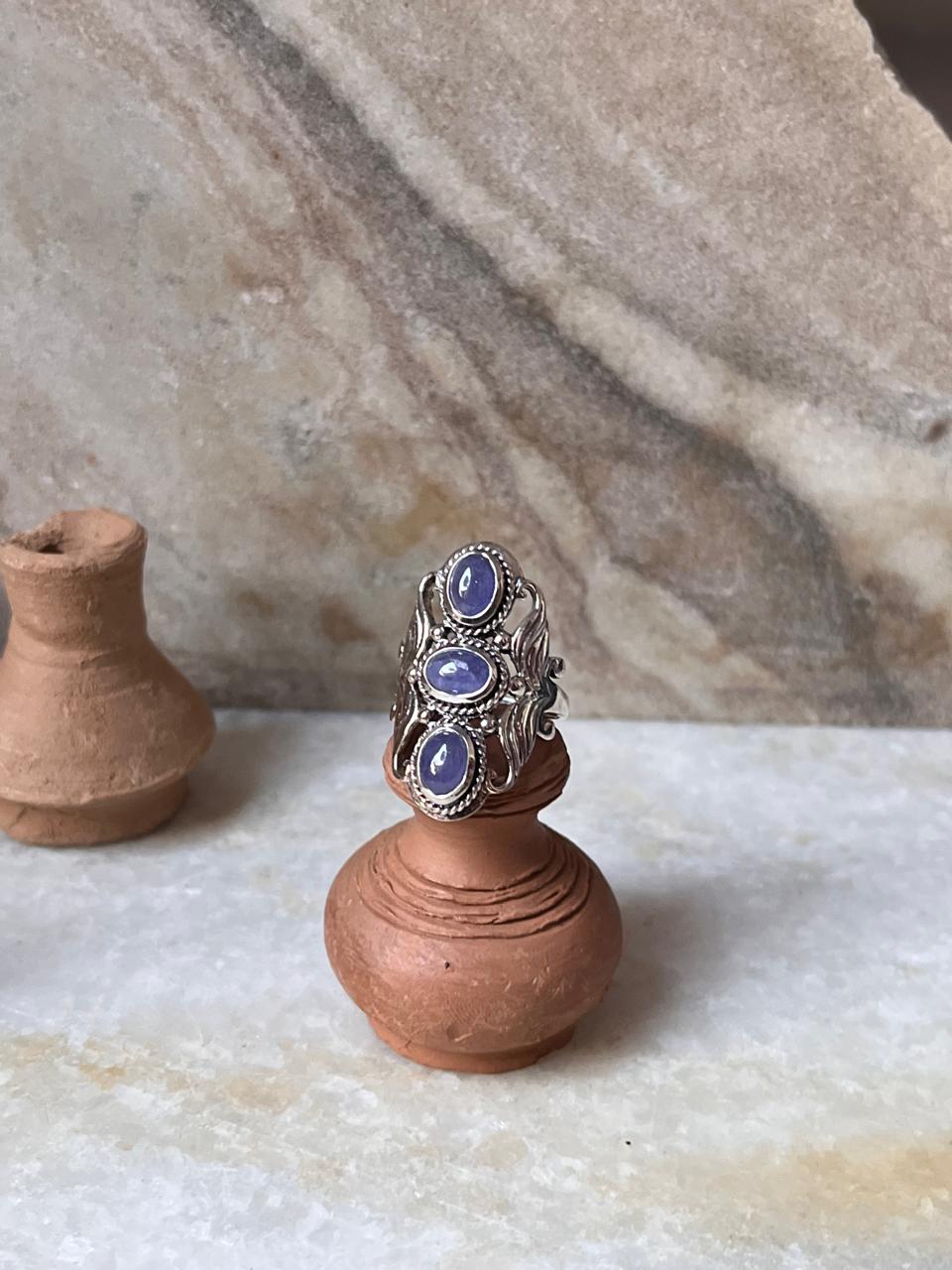Tanzanite 3 Stone Statement 925 Sterling Silver Ring