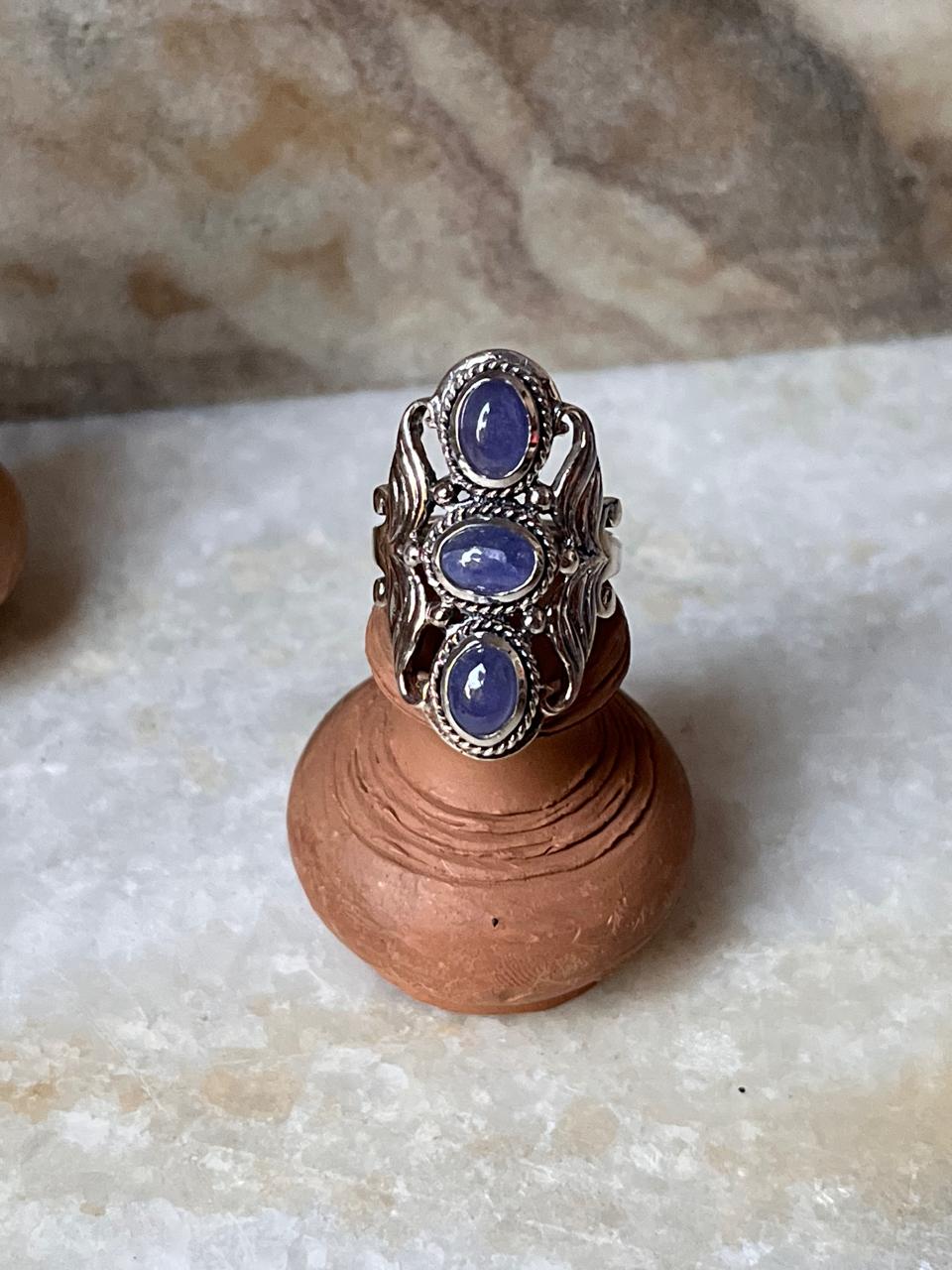 Tanzanite 3 Stone Statement 925 Sterling Silver Ring